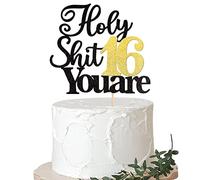 Xsstarmi 1 Pack Holy Shit You are 16 Cake Topper Glitter Happy 16th Birthday Cake Pick Sweet 16 Sixteen Cheers to 16 Years Cake Decorations for Funny 16th Birthday Party Supplies