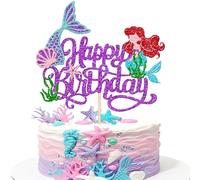 Xsstarmi 1 Pack Mermaid Happy Birthday Cake Topper - Glitter Purple Tail, Seashells, Coral Pick Decoration for Under the Sea Baby Shower Party Cake Decorations