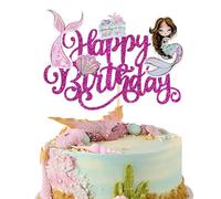 Xsstarmi 1 Pack Mermaid Happy Birthday Cake Topper Purple Treasure Shells Mermaid Tail Cake Pick Decoration for Under the Sea Mermaid Happy Birthday Baby Shower Party Cake Decorations
