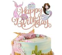 Xsstarmi 1 Pack Mermaid Happy Birthday Cake Topper Under the Sea Treasure Shells Mermaid Tail Cake Pick for Mermaid Theme Happy Birthday Baby Shower Party Cake Decorations Rose Gold