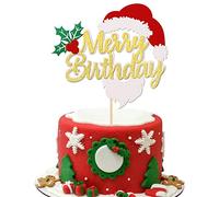 Xsstarmi 1 Pack Merry Birthday Cake Topper Glitter Holly Leaves and Berries Cake Pick Santa Hat Beard Cake Decorations for Christmas Theme Happy Baby Shower Birthday Party Supplies Gold