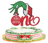Xsstarmi 1 Pack Merry Christmas Cake Topper Glitter Grinch-Xmas Cake Pick Christmas Hand First Birthday Cake Decorations for Grinchmas Theme Baby Shower 1st Birthday Party Cake Supplies