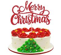 Xsstarmi 1 Pack Merry Christmas Cake Topper Red Glitter Personalized Sign Cake Pick for New Year Christmas Eve Birthday Celebration Party Cake Decorations Supplies