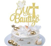 Xsstarmi 1 Pack Mi Bautizo Cake Topper Glitter Dove Christian Cross Cake Pick for Religious God Bless Baptism Theme Baby Shower Birthday Party Cake Decorations Supplies Gold