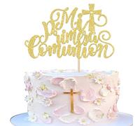 Xsstarmi 1 Pack Mi Primera Comunión Cake Topper Glitter Cross Gold Bless Cake Pick First Holy Communion Cake Decorations Christian Baptism Baby Shower Birthday Party Supplies Gold