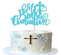 Xsstarmi 1 Pack Mi Primera Comunión Cake Topper Glitter First Holy Communion Cross Cake Pick for Gold Bless Religious Baptism Baby Shower Birthday Party Cake Decorations Supplies Blue