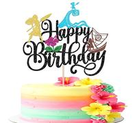 Xsstarmi 1 Pack Moana Happy Birthday Cake Topper Black Glitter Wave Tropical Flower Cake Pick for Summer Hawaiian Tropical Theme Baby Shower Kids Birthday Party Cake Decorations Supplies