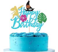 Xsstarmi 1 Pack Moana Happy Birthday Cake Topper Blue Glitter Palm Leaves Flower Moana Inspired Cake Pick for Tropical Aloha Theme Baby Shower Birthday Party Cake Decorations Suppllies