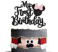 Xsstarmi 1 Pack Mouse Inspired Cake Topper Glitter Pink Bow Mini First Birthday Cake Pick Mouse One Cake Decorations for Baby Shower Happy 1st Birthday Party Supplies Black