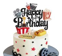 Xsstarmi 1 Pack Movie Theme Happy Birthday Cake Topper Black Hollywood Movie Trophies Coke Popcorn Cake Pick Decoration for Movie Theme Happy Birthday Bbay Shower Party Cake Decorations