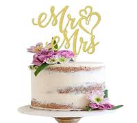 Xsstarmi 1 Pack Mr & Mrs Cake Topper Heart Glitter Love Mr Mrs Cake Pick for Wedding Engagement Bridal Shower Theme Party Cake Decorations Supplies Gold