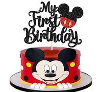 Xsstarmi 1 Pack My First Birthday Mouse Inspired Cake Topper - Glitter Black Red Mini One Cake Pick Decorations for Baby Shower Happy First Birthday Party Supplies