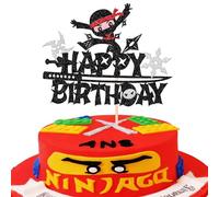 Xsstarmi 1 Pack Ninja Happy Birthday Cake Topper Black Glitter Ninja Cake Toppers Martial Arts Karate Kung Fu Warriors Cake Pick for Ninja Theme Baby Shower Kids Birthday Party Cake Decorations