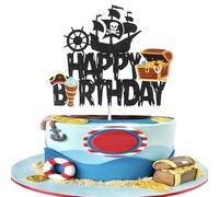 Xsstarmi 1 Pack Pirate Happy Birthday Cake Topper Glitter Treasure Black Pirate Ship Cake Pick for Pirate Theme Baby Shower Kids Birthday Party Cake Decorations Supplies