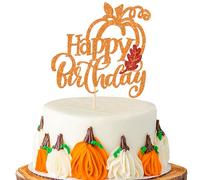 Xsstarmi 1 Pack Pumpkin Happy Birthday Cake Topper Glitter Orange Autumn Fall Maple Leaves Pumpkin Cake Pick Decoration for Baby Shower Kids Happty Birthday Party Cake Decorations Supplies