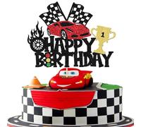 Xsstarmi 1 Pack Race Car Happy Birthday Cake Topper Glitter Traffic Light Wheel Trophy Flag Racing Car Cake Pick for Let's Go Racing Theme Baby Shower Kids Boys Girls Birthday Party Cake Decorations