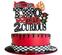 Xsstarmi 1 Pack Racing Car 2nd Birthday Cake Topper Black Glitter Two Fast 2 Curious Cake Pick for Racing Theme Kids Boys 2nd Birthday Party Cake Decorations Supplies