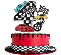 Xsstarmi 1 Pack Raing Car 4th Birthday Cake Topper Black Glitter Hot Wheels Track Sports Car Cake Pick for Racing Theme 4 Years Birthday Anniversary Party Cake Decorations Supplies