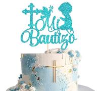 Xsstarmi 1 Pack Spanish Mi Bautizo Cake Topper First Holy Communion Baptism Cake Pick Decorations for Religious God Bless Boy Baptism Baby Shower Party Cake Decoration Blue