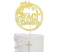 Xsstarmi 1 Pack Spanish Mi Bautizo Cake Topper Gold Glitter Dove Cross First Holy Communion Baptism Cake Picks for Religious God Bless Baby Shower Kids Birthday Party Cake Decorations