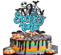 Xsstarmi 1 Pack Spooky One Cake Topper Glitter Blue Spider Web Bat Jack and Sally Cake Pick Decoration for Happy Halloween Theme Baby Shower 1st Birthday Party Cake Decorations Supplies