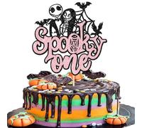 Xsstarmi 1 Pack Spooky One Cake Topper Glitter Spider Web Bat Cake Pick Jack and Sally Halloween Cake Decorations for Happy Halloween Theme Baby Shower 1st Birthday Party Supplies Pink