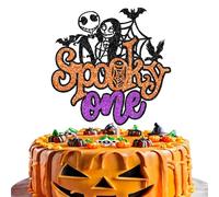 Xsstarmi 1 Pack Spooky One Cake Topper Glitter Spider Web Bat Jack and Sally Halloween Cake Pick for Happy Halloween Theme Baby Shower 1st Birthday Party Cake Decorations Supplies Gold
