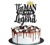 Xsstarmi 1 Pack The Man The Myth The Legend Cake Topper Glitter Happy Father's Day Cake Pick Dad's Birthday Theme Cake Decorations for Happy Retirement Theme Father's Birthday Party Supplies Black
