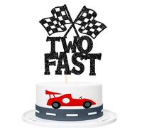 Xsstarmi 1 Pack Two Fast Cake Topper Black Glitter Chequered Flag Wheel Racing Car Cake Pick Happy 2nd Birthday Cake Decorations for Let's Go Racing Them Kids Second Birthday Party Supplies