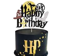 Xsstarmi 1 Pack Wizard Happy Birthday Cake Topper Black Glitter Harry P Inspired Cake Pick for Magical School Wizard Themed Baby Shower Kids Birthday Party Cake Decorations Supplies