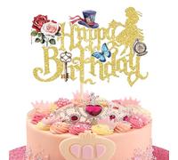 Xsstarmi 1 Pack Wonderland Theme Birthday Cake Topper Flower Butterfly Key Cake Pick Mad Hatter Cake Decorations for Alice Theme Happy Birthday Baby Shower Party Supplies Gold