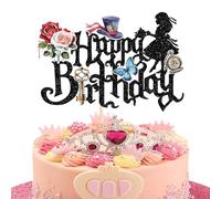Xsstarmi 1 Pack Wonderland Theme Happy Birthday Cake Topper Flower Butterfly Key Mad Hatter Cake Pick for Alice Theme Baby Shower Happy Birthday Party Cake Decorations Black