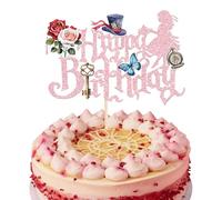 Xsstarmi 1 Pack Wonderland Theme Happy Birthday Cake Topper Flower Butterfly Key Magical Mad Hatter Cake Pick for Alice Theme Baby Shower Happy Birthday Party Cake Decorations Supplies Pink