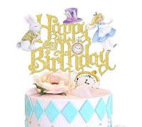 Xsstarmi 1 Pack Wonderland Theme Happy Birthday Cake Topper Pocket Watch Rabbit Cake Pick Magical Mad Hatter Cake Decorations for Alice Theme Happy Birthday Baby Shower Party Supplies Gold