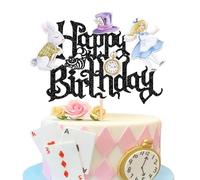 Xsstarmi 1 Pack Wonderland Theme Happy Birthday Cake Topper Pocket Watch Rabbit Magical Mad Hatter Cake Pick for Alice Theme Happy Birthday Baby Shower Party Cake Decorations Supplies Black