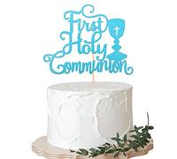 Xsstarmi 1 Pcs First Holy Communion Cake Topper Glitter Christian Baby Baptism Cake Pick God Bless First Communion Theme Baby Shower Party Cake Decorations Supplies Blue