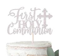 Xsstarmi 1 PCS First Holy Communion Cake Topper Glitter Christian Baby Baptism God Bless Cake Pick First Communion Theme Baby Shower Birthday Party Cake Decorations Supplies Silver