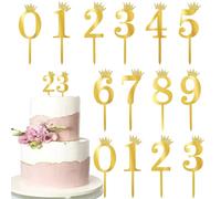 Xsstarmi 10 Pack 0-9 Numbers Cake Topper Gold Acrylic Mirrored Numbers with Crown Cake Pick for Baby Shower Wedding Birthday Anniversary Party DIY Cake Decorations Supplies