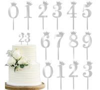 Xsstarmi 10 Pack 0-9 Numbers Cake Topper Silver Acrylic Mirrored Numbers with Crown Cake Pick for Baby Shower Wedding Birthday Anniversary Party DIY Cake Decorations Supplies