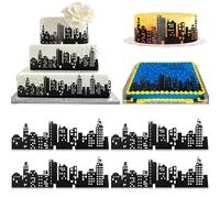 Xsstarmi 12 Pack Black City Cake Border Decoration Building Images Lighted City Backdrop Cake Wrap for Wedding Birthday Anniversary Party Cake Decorations Supplies