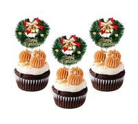 Xsstarmi 12 Pack Christmas Wreath Cupcake Toppers with Bow Tie Green Grass Circle Christmas Bells Cupcake Picks for Baby Shower Birthday New Year Christmas Holiday Party Cake Decoration Supplies