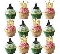 Xsstarmi 12 Pack Gold Crown Witch Cupcake Toppers Magic Academy Theme Cupcake Picks for Halloween Wizard Witch Birthday Anniversary Party Cake Decorations Supplies