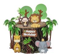 Xsstarmi 12 Pack Jungle Animals Cake Topper 3D Lion Elephant Giraffe Palm Tree Cake Pick Jungle Wild Birthday Cake Decorations for Safari Animals Theme Baby Shower Happy Birthday Party Cake Supplies