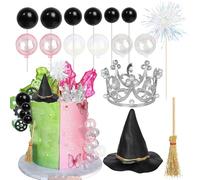 Xsstarmi 16 Pack Princess Witch Cake Topper Decorations Magic Crown Witch Hat Broom Cake Pick Black Pink Balloon Cake Decorations for Halloween Baby Shower Birthday Party Cake DIY Decoration
