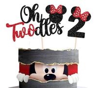 Xsstarmi 2 Pack 2nd Birthday Mouse Inspired Cake Topper, Red Bow Mini Oh Two Oldes Cake Pick Decorations for Baby Shower Kids Second Birthday Party Cake Decorations Black Red