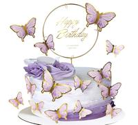 Xsstarmi 21 Pack Purple Butterfly Cake Topper Acrylic Happy Birthday Cake Pick for Baby Shower Wedding Birthday Party Cake Decorations Supplies