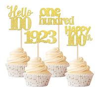 Xsstarmi 24 Pack 100th Birthday Cupcake Toppers Since 1923 Number One Hundred Hello 100 Years Old Cupcake Picks Sweet 100 Cake Decorations for 100th Birthday Wedding Anniversary Party Gold