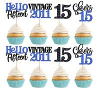 Xsstarmi 24 Pack 15th Birthday Cupcake Toppers Blue Glitter Sweet 15 Fifteen Vintage 2011 Cupcake Picks Cheers to 15 Birthday Cake Decorations for 15 Fabulous Happy 15th Birrthday Party Supplies