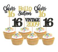 Xsstarmi 24 Pack 16th Birthday Cupcake Toppers Black Gold Glitter Sweet 16 Sixteen Vintage 2009 Cupcake Picks Cheers to 16 Cake Decorations for 16 Fabulous Happy 16th Birrthday Party Supplies