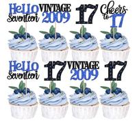 Xsstarmi 24 Pack 17th Birthday Cupcake Toppers Blue Glitter 17 Hello Seventeen Vintage 2009 Cupcake Picks Cheers to 17 Birthday Cake Decorations for 17 Fabulous Happy 17th Birrthday Party Supplies